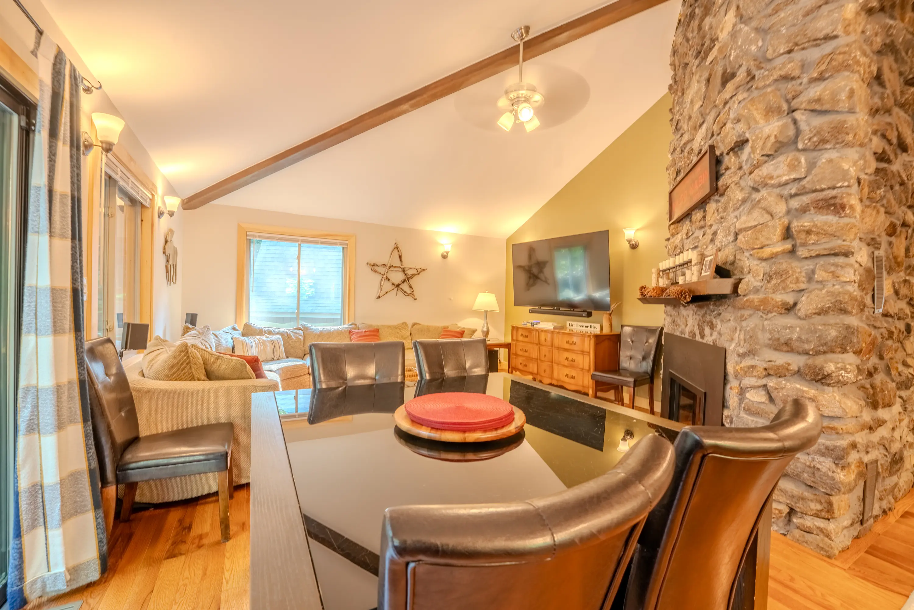 Cozy living room with vaulted ceilings